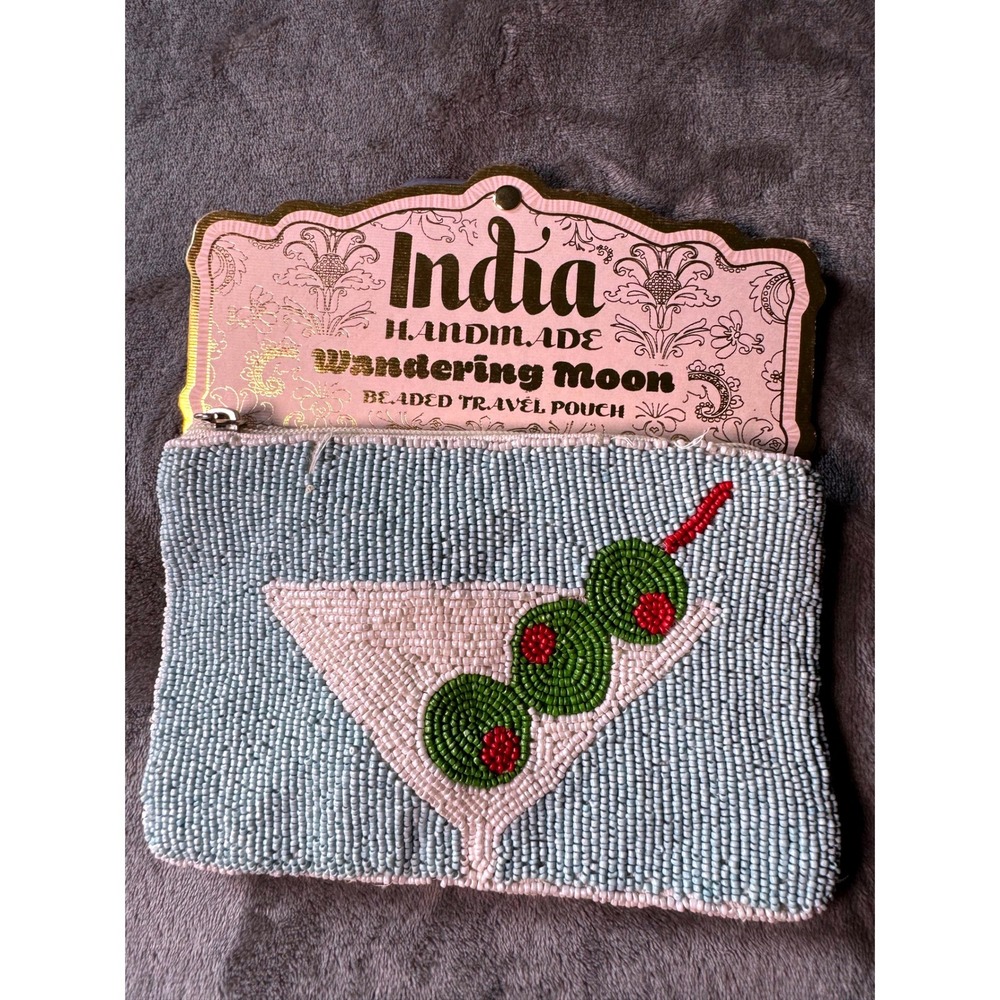 Wandering Moon Martini Beaded Travel Pouch Blue Green Handmade India Zip Bag NEW